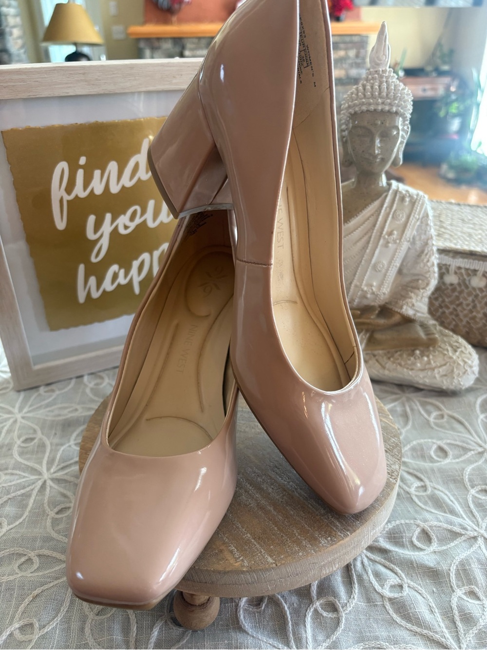 Nine West Nude Blush Patent Block Heel Pumps Size 7.5 Comfort 9x9